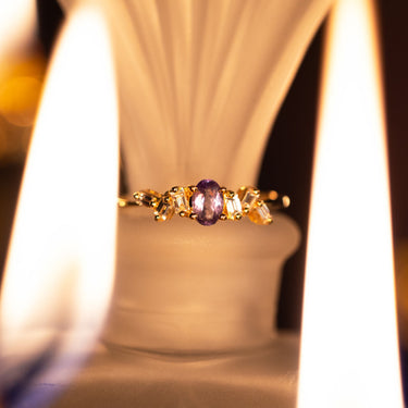 0.35ct natural alexandrite and diamond 18k yellow gold stackable ring with oval cut gemstone and six baguette diamonds